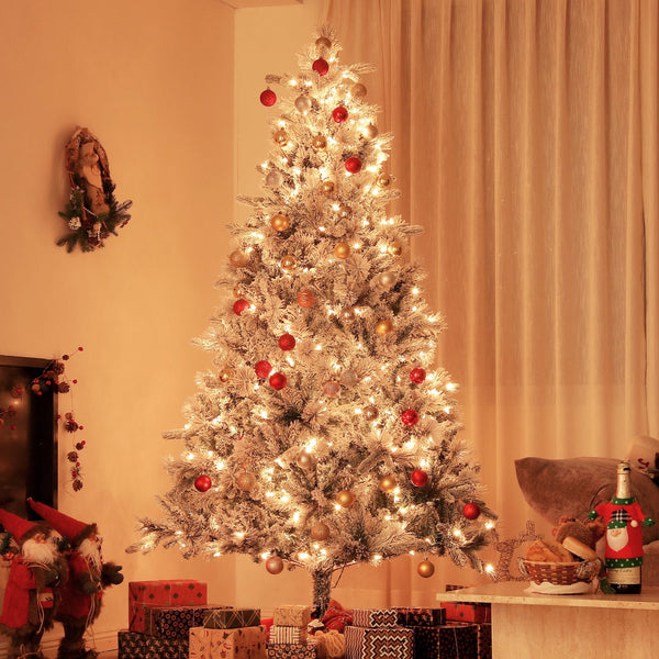 English Elm Homcom 7.5 Ft Snow Flocked Christmas Tree With 500 Warm Lights, Lifelike Hinged Design For Holidays W2225P249672