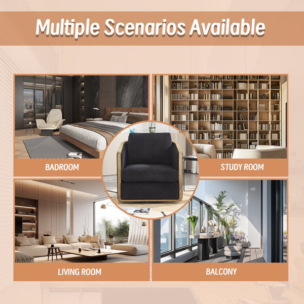 English Elm Corduroy Swivel Barrel Chair with Sturdy Wood Frame & Metal 360° Base, Plush Corduroy Comfort Pop Black W395P220274