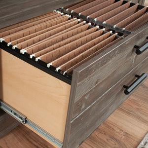 English Elm File Credenza Brown Finish with Adjustable Shelf, Durable Engineered Wood, Black Metal Accents, Spacious Storage B356P367839