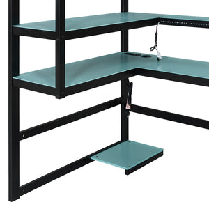 English Elm Twin Loft Bed with Rgb Lighting Usb Ports Wraparound Shelves and Gaming Desk Blue LT000298AAC