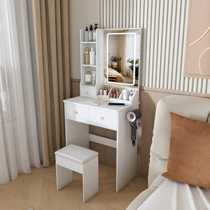 English Elm Modern Vanity Desk with Led Mirror 3 Drawers Built-in Outlet and Matching Chair White W509P465832
