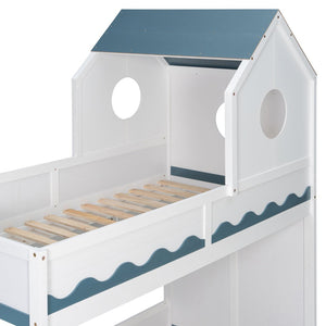 English Elm Twin Over Kids Bunk Bed with Castle Roofline Led Lights and Staircase Storage White N820S00068K