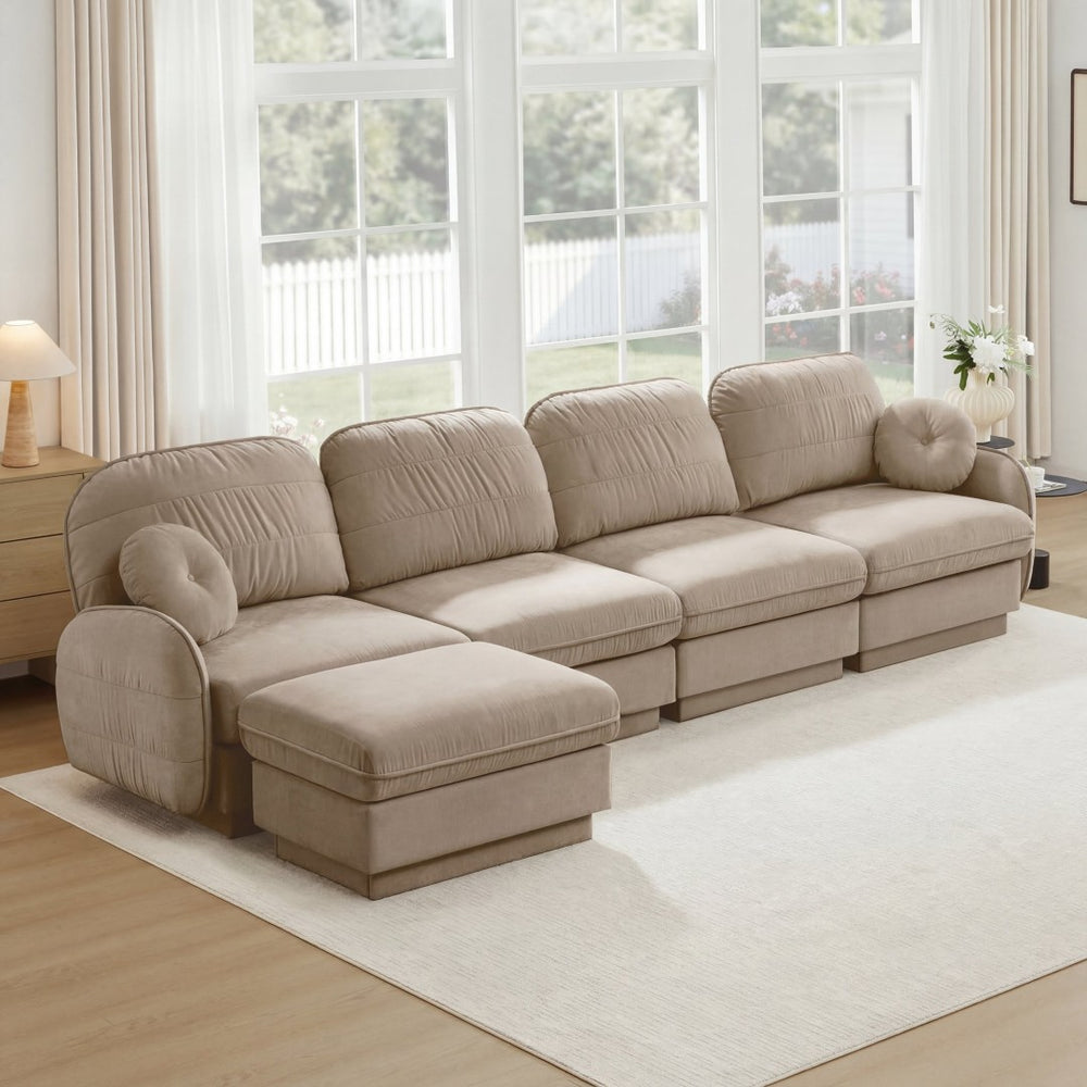 English Elm 137" Oversized Chenille Sectional Sofa with Movable Ottoman and Quilted Cushions Light Coffee W714S01763