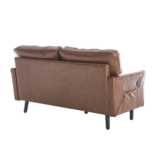 English Elm Loveseat Mid Century Modern Two-Seater Sofa with USB Type-C Charging, Removable Zipper Covers, Durable Wood Legs Brown PU W395P238821