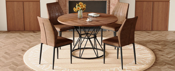 English Elm Table and Chair Set Walnut Round Dining with Hourglass Base Four Fabric Seats W1151S04859