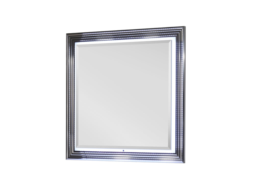 English Elm MOON Smooth White Mirror with LED Accent Lighting, High Gloss Solid Wood & MDF Frame, Modern Luxury B201P216071