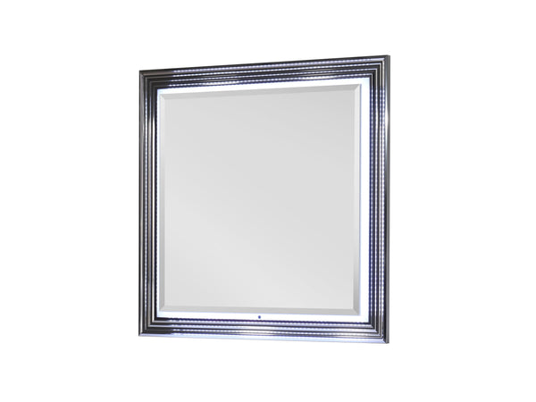 English Elm MOON Smooth White Mirror with LED Accent Lighting, High Gloss Solid Wood & MDF Frame, Modern Luxury B201P216071