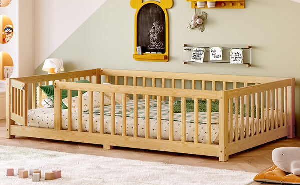 English Elm Full Floor Bed with Safety Guardrails and Play Door for Kids, Low Profile Pine Frame, 550lb Capacity Natural W1580P338952