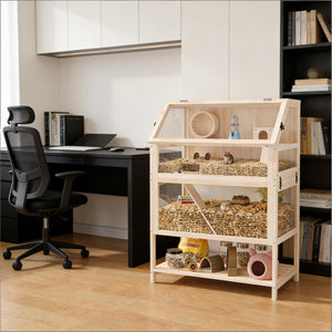 English Elm Pet Habitat Three Level Fir Wood Acrylic Enclosure with Ramps for Small Rodents T3971P440229