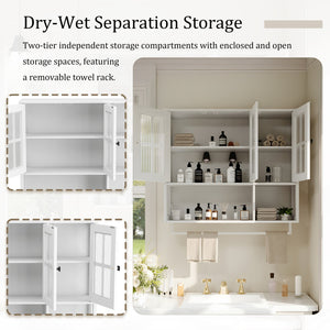 English Elm Bathroom Wall Cabinet with 3 Doors and Glass Panel, MDF Storage Cabinet with Towel Bar, Modern 35.6"L x 10.2"W x 32.5"H White W757P329727