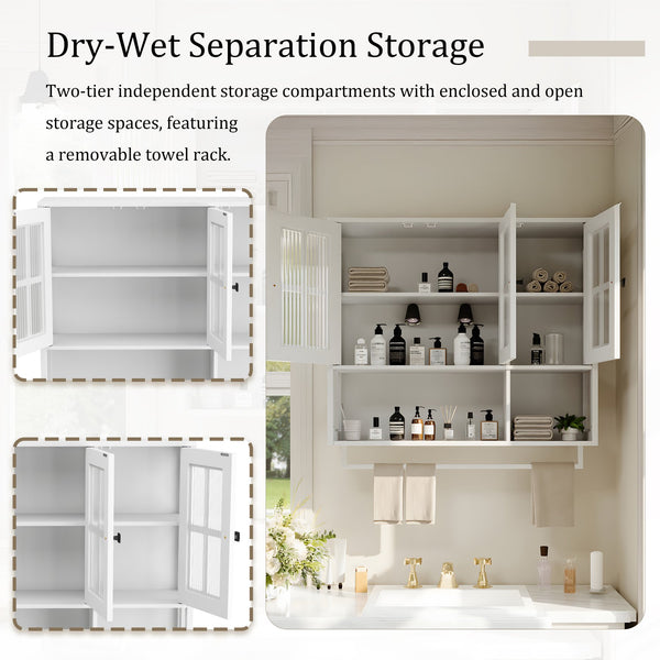 English Elm Bathroom Wall Cabinet with 3 Doors and Glass Panel, MDF Storage Cabinet with Towel Bar, Modern 35.6"L x 10.2"W x 32.5"H White W757P329727