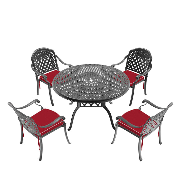 English Elm 5-Piece Cast Aluminum Patio Furniture Set With Plush Red Cushions For Outdoor Dining & Relaxation W1710S00141