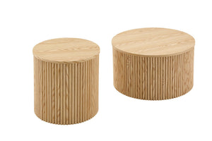 English Elm 2-piece Round Nesting Tables with Fluted Column Base Hidden Storage Oak Grain Finish Wood W3875P396797