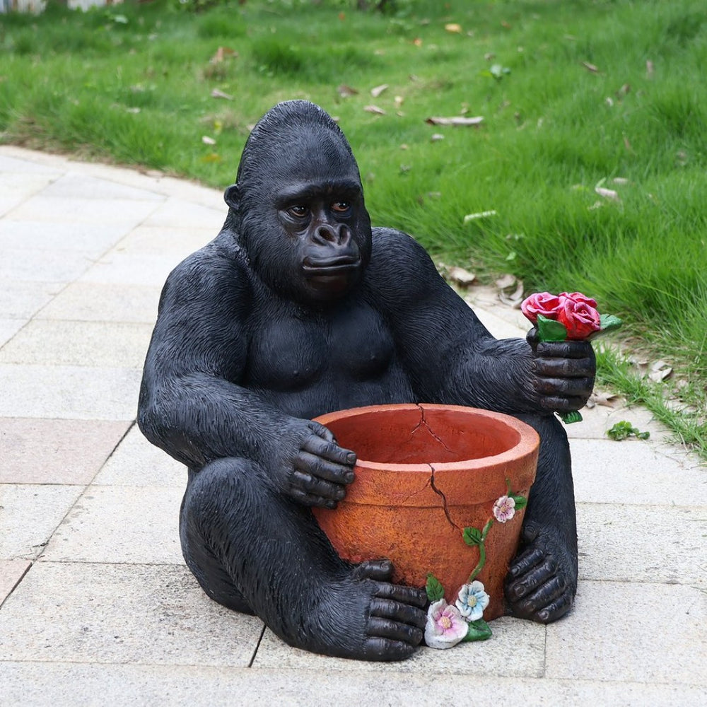 English Elm Outdoor Chimpanzee Resin Garden Statue with Built-in Planter for Patio Decor W5398P455473