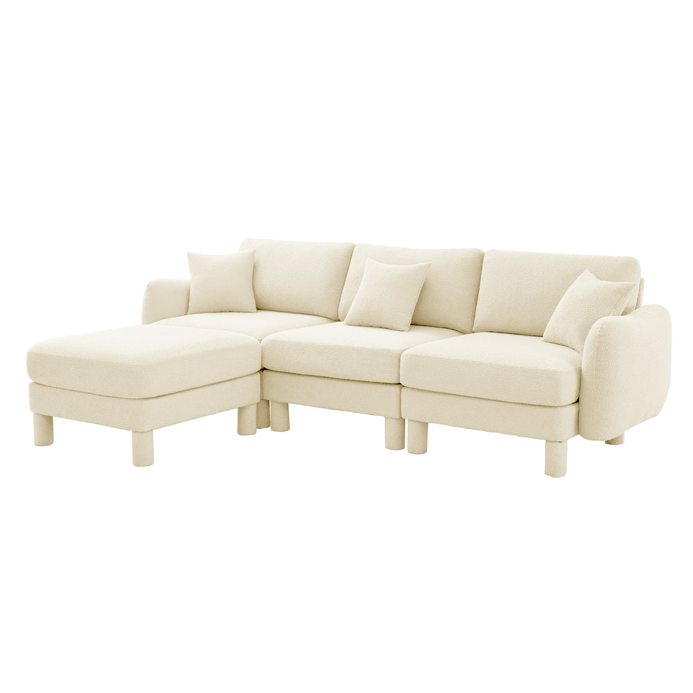 English Elm Boucle Fabric L-Shaped Sectional Sofa – Stylish 3-Seater With Shell Armrests & Removable Ottoman, Beige W3041S00277
