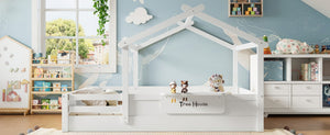 English Elm Queen House Shaped Kids Floor Bed Pine Wood Frame with Guardrails and Personalized Headboard Light White W1580P396334