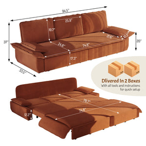 English Elm 94.5" King Convertible Sleeper Sofa Corduroy Upholstered Chaise Lounge Guest Room Bed Orange W1885S00307