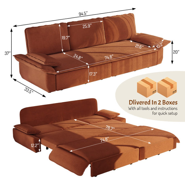 English Elm 94.5" King Convertible Sleeper Sofa Corduroy Upholstered Chaise Lounge Guest Room Bed Orange W1885S00307