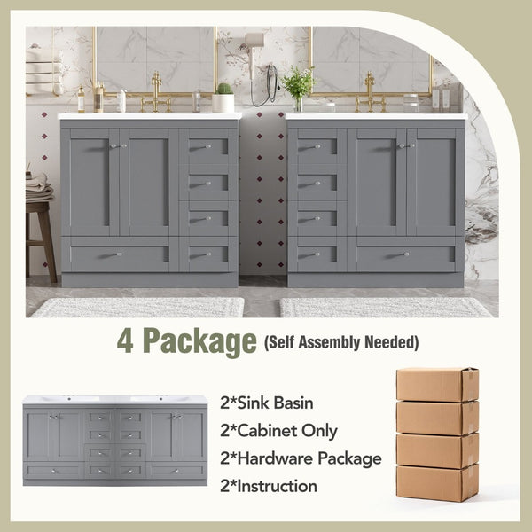 English Elm 72-inch Shaker Double Bathroom Vanity Gray Mdf with Resin Basins and Soft Close Storage N729P000029E