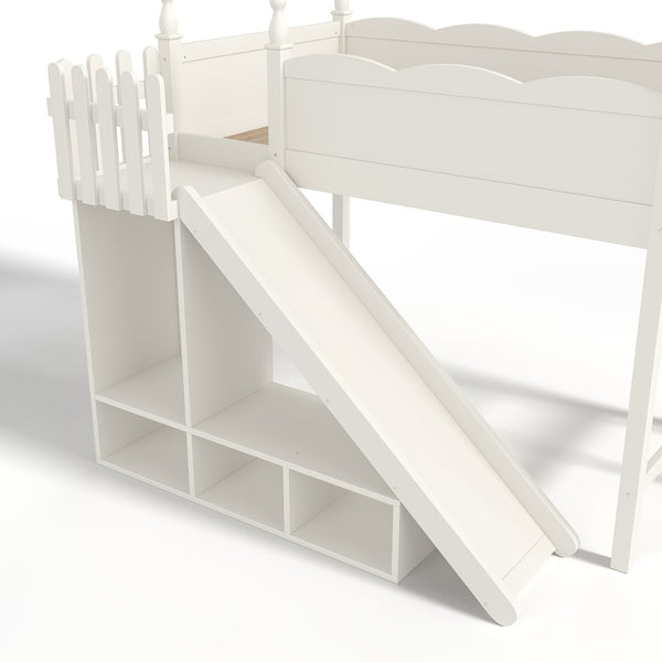 English Elm Twin Loft Bed Solid Pine Frame with Wardrobe Shelving Detachable Slide Kids Room Beige W5305S00018