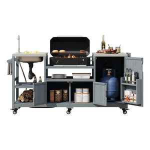 English Elm K&k Solid Fir Outdoor Kitchen Island with Sink Stainless Steel Top and Grill Cutout Grey+Blue N707S000022G