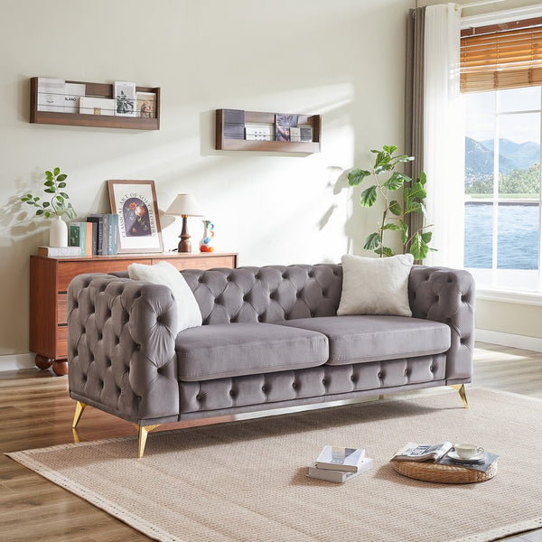 English Elm FX Velvet Chesterfield Sofa 82.5" Deluxe Tufted Design with 2 Pillows, Metal Legs, 750lb Capacity Grey W1926S00071