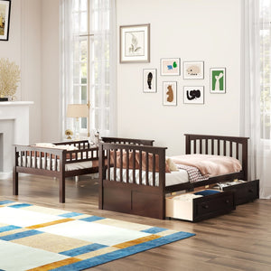 English Elm Twin Over Solid Pine Bunk Bed with Rolling Drawers and Convertible Platform GX000240AAP