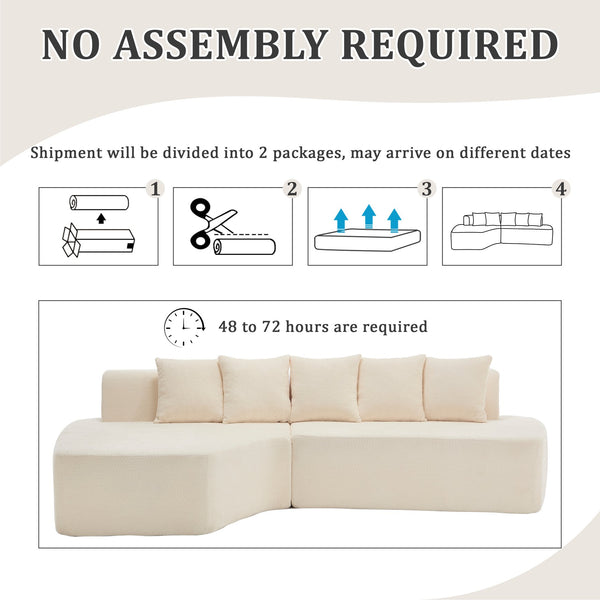 English Elm Compression Sectional Couch with Corduroy Upholstery, Deep-Seated Modular L-Shaped Sleeper Sofa, No-Assembly Comfort and Stability Ivory W1249S00005