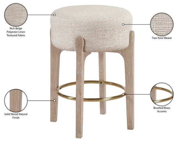 Meridian Furniture Torino Beige Linen Weave Counter Stool with Natural Wood Frame and Brass Accents 88004Beige-C