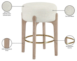 Meridian Furniture Torino Linen Upholstered Counter Stool with Brass Accents and Natural Wood Frame 88004Cream-C