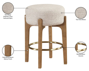 Meridian Furniture Torino Beige Linen Weave Counter Stool with Walnut Frame and Brass Hardware 88005Beige-C