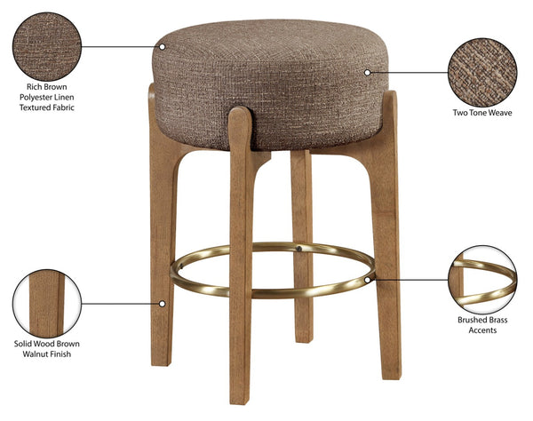 Meridian Furniture Torino Linen Upholstered Counter Stool with Brass Accents and Walnut Wood Frame 88005Brown-C