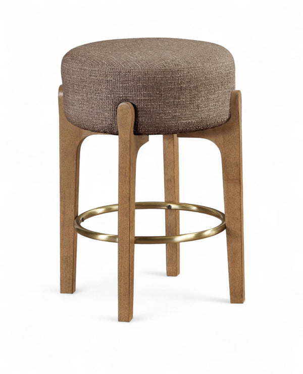 Meridian Furniture Torino Linen Upholstered Counter Stool with Brass Accents and Walnut Wood Frame 88005Brown-C