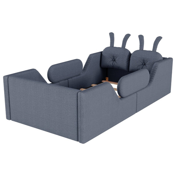 English Elm Twin Kids Platform Bed Teddy Fabric Upholstered with Bunny Cushions and Safety Rails Gray W2593P395809