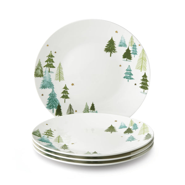 Lenox Balsam Lane White Porcelain Dinner Plates with Gold Pine Tree Holiday Motif Set 880068