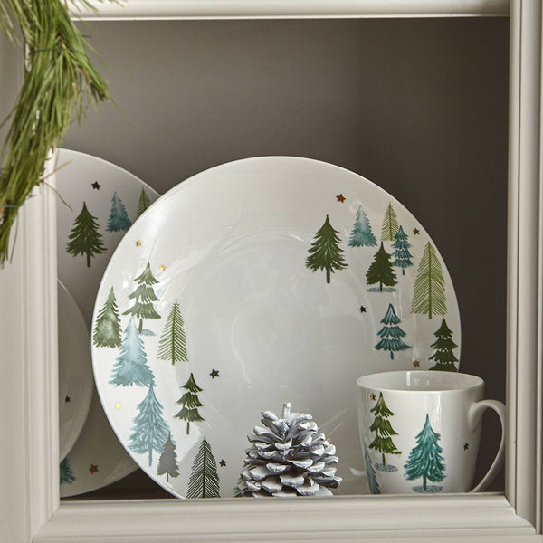 Lenox Balsam Lane White Porcelain Dinner Plates with Gold Pine Tree Holiday Motif Set 880068