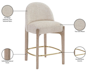 Meridian Furniture Torino Beige Linen Weave Counter Stool with Solid Wood Frame and Brass Accents 88007Beige-C