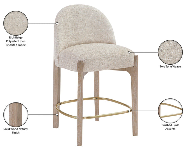 Meridian Furniture Torino Beige Linen Weave Counter Stool with Solid Wood Frame and Brass Accents 88007Beige-C