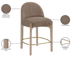 Meridian Furniture Torino Woven Linen Fabric Counterstool with Brass Accents and Natural Wood Frame 88007Brown-C