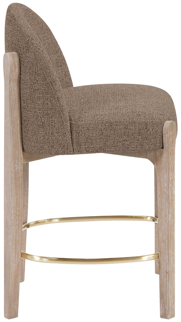 Meridian Furniture Torino Woven Linen Fabric Counterstool with Brass Accents and Natural Wood Frame 88007Brown-C