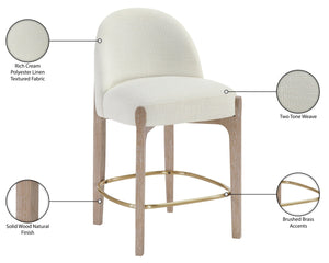 Meridian Furniture Torino Upholstered Counter Stool with Brass Accents and Woven Linen Seat for Kitchen 88007Cream-C