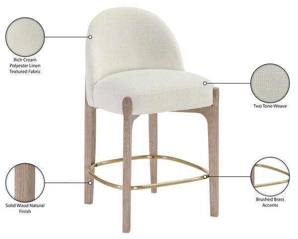 Meridian Furniture Torino Upholstered Counter Stool with Brass Accents and Woven Linen Seat for Kitchen 88007Cream-C