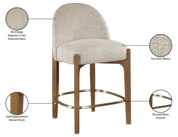 Meridian Furniture Torino Beige Linen Weave Counter Stool with Walnut Frame and Brass Accents 88008Beige-C