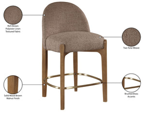 Meridian Furniture Torino Woven Linen Fabric Counterstool with Walnut Frame and Brushed Brass Accents 88008Brown-C