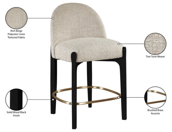 Meridian Furniture Torino Woven Linen Counter Stool with Brass Accents and Matte Black Wood Frame 88009Beige-C