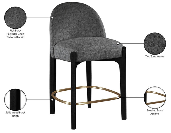 Meridian Furniture Torino Upholstered Barstool with Brushed Brass Accents and Linen Weave Fabric Seat 88009Black-C