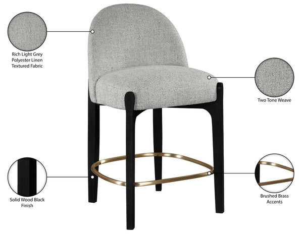 Meridian Furniture Torino Upholstered Counter Stool with Brass Accents and Woven Linen Seat for Kitchen Island 88009Grey-C