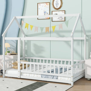 English Elm Twin Size House Floor Bed With Roof Frame & Safety Guardrails - Cozy Wooden Design For Kids' Rooms W504P286403-GIGA