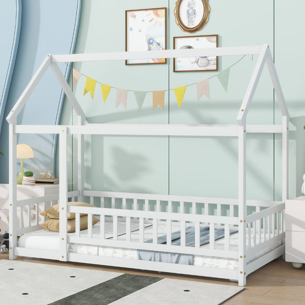 English Elm Twin Size House Floor Bed With Roof Frame & Safety Guardrails - Cozy Wooden Design For Kids' Rooms W504P286403-GIGA