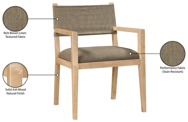 Meridian Furniture Avon Stain Resistant Linen Dining Arm Chair with Solid Ash Wood Frame 88011Brown-AC